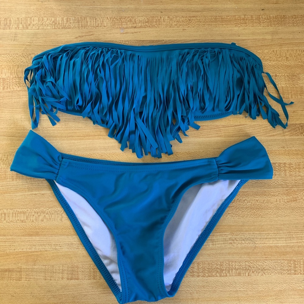 Turquoise fringe bikini set